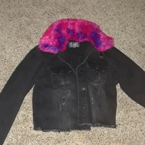 Black denim jacket with purple and pink collar